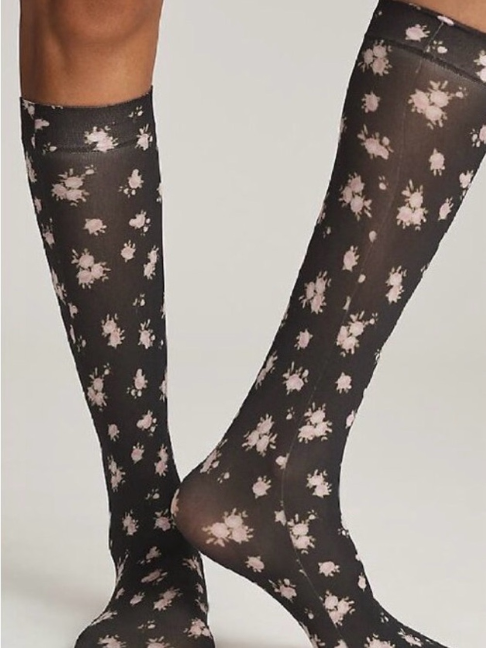 Black Sheer Knee-Highs with Pink Floral Pattern